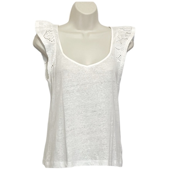 PAIGE Giulia Eyelet Flutter Sleeve Linen Top, Color White, Size Extra Small, NWT - Picture 2 of 10